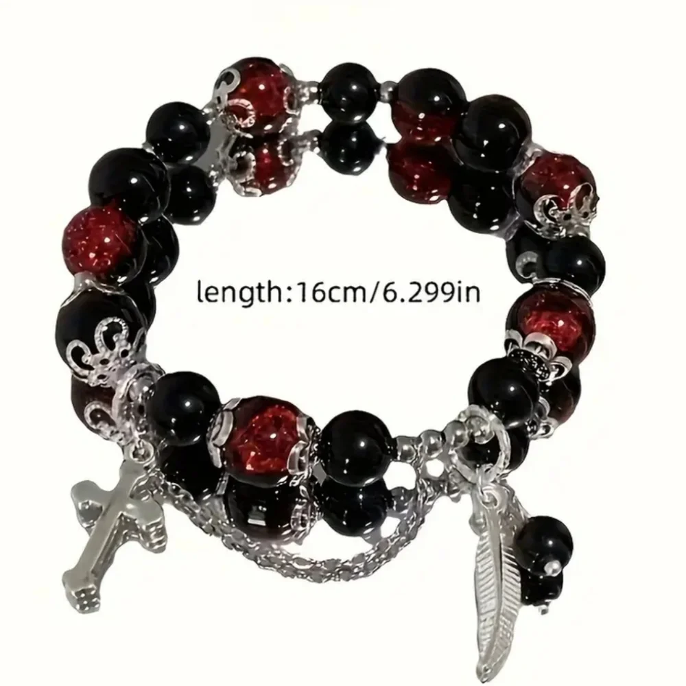 Black and Red Beaded Elastic Bracelet with Silver‎ Charms
